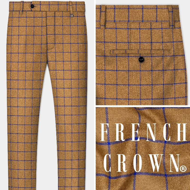 Cigarette Style Women's Printed Linen Blend Pants for Casual DaysMocha Brown with Arapawa Blue windowpane Tweed Pant Cigarette Style Women's Printed Linen Blend Pants for Casual DaysMocha Brown with Arapawa Blue windowpane Tweed Pant