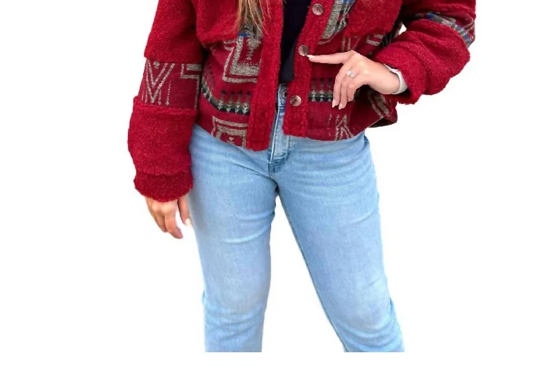 Aztec Sherpa Crop Jacket In Red