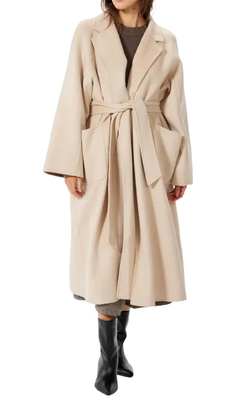 Cardine Longline Wool Wrap Coat In Sand Beige