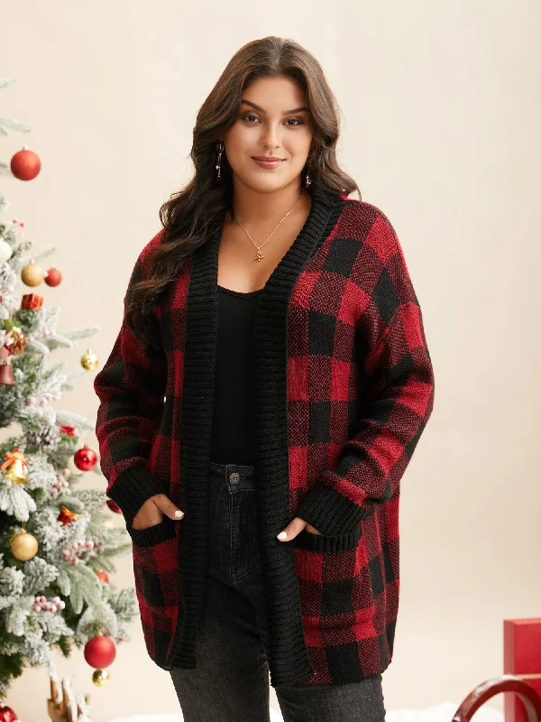 Plaid Pattern Ribbed Detailing Open Cardigan