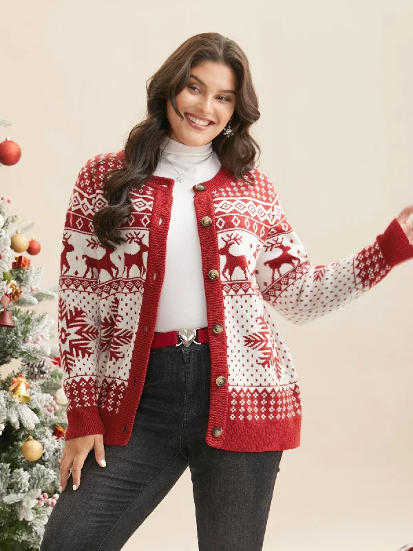 Reindeer And Snow Pattern Button-Front Cardigan