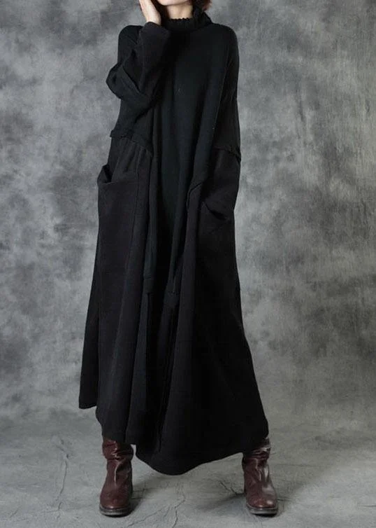 Boutique Black Loose Pockets Winter Corduroy Long Dress Sweater