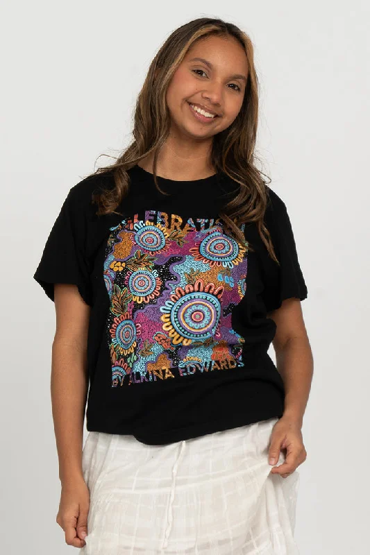 Celebration (Full Print) Black Cotton Crew Neck Women’s T-Shirt