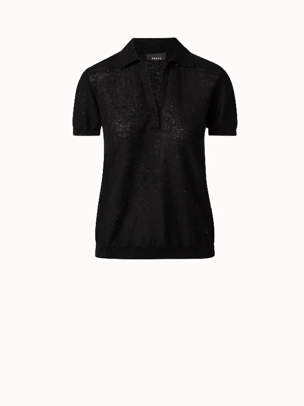 Linen Cotton Knit Polo Shirt with Fine Sequins