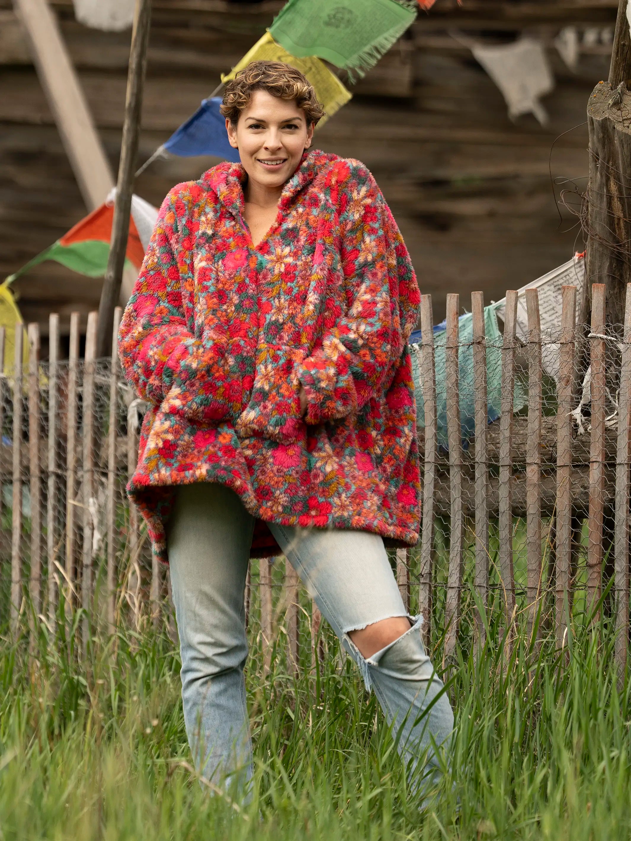 Oversized Blanket Hoodie - Turquoise Pink Retro Floral