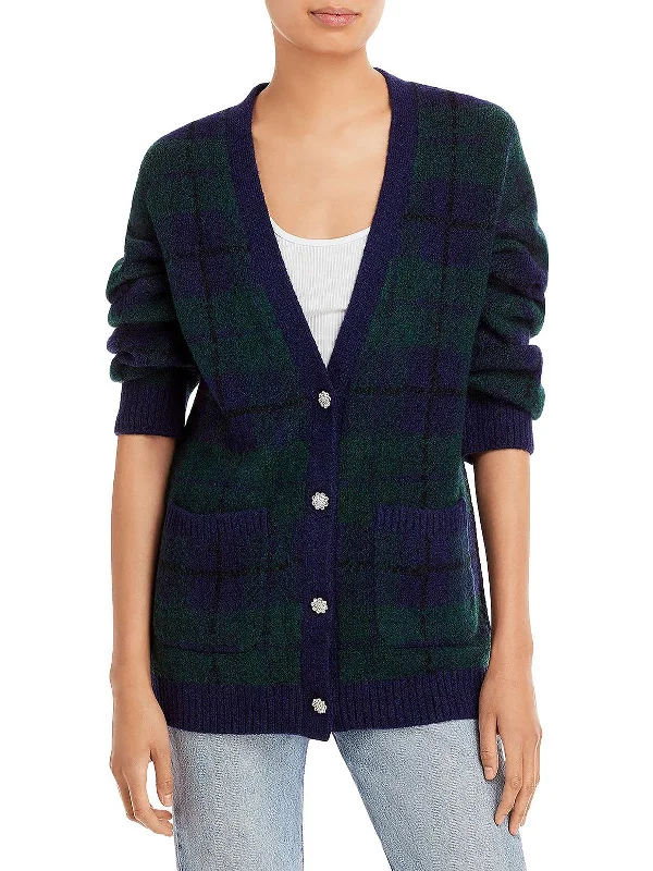 Runi Womens Plaid Knit Cardigan Sweater