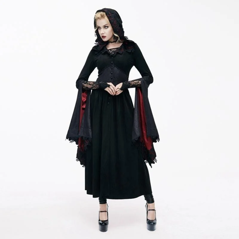 Women's Goth Ankle Dress With Hood and Angel Sleeves